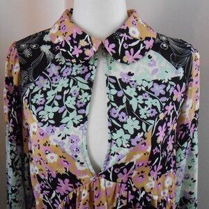 Free People Floral Oversized Long Sleeve Ruffle Tunic Keyhole Multicolor Size-XS